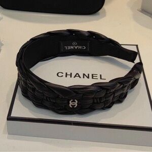 CHANEL Black Braided Leather Headband with Silver CC Charm